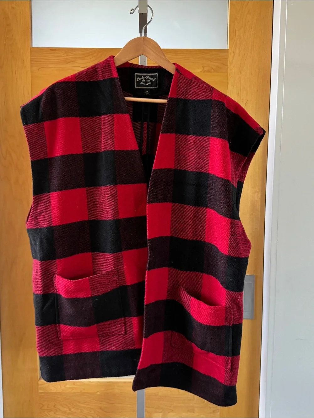Lucky Brand Red & Black Plaid Open-Front Coatigan